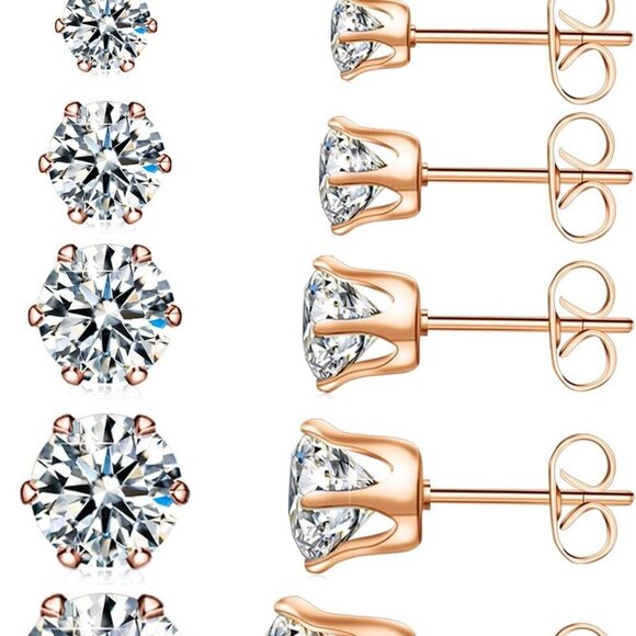 Hypoallergenic 316L Stainless Steel Rose Gold Earrings Set - 6 Pairs CZ Options - Picture 1 of 5
